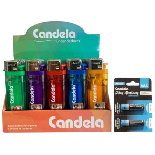 Encendedor Candela transparente Display x25u + 2 Pilas AAA de Regalo